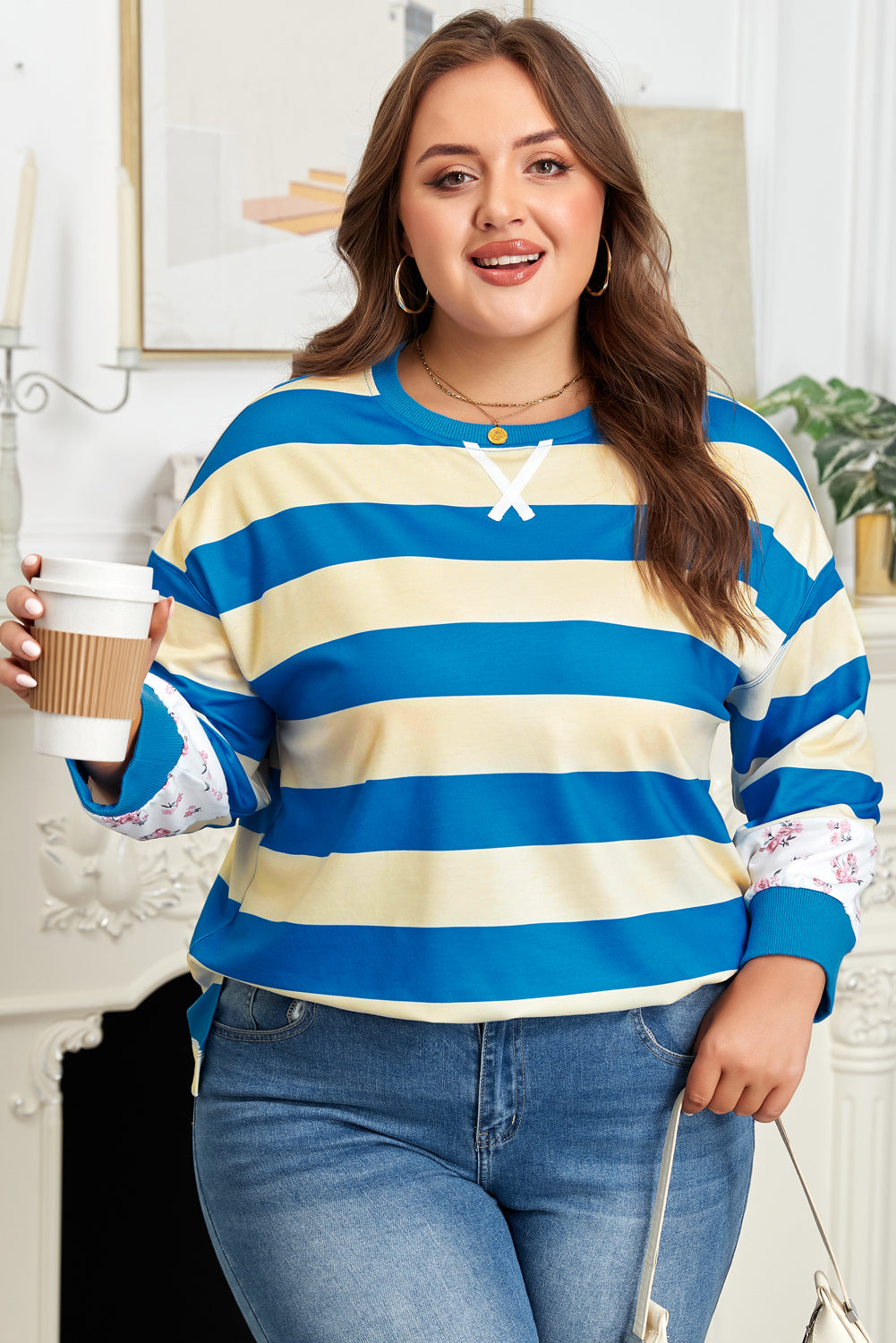 Blue Stripe Patchwork Floral Long Sleeve Pullover Top Blue Stripe 95%Polyester+5%Elastane Bazaare Mart Plus Size/Plus Size Sweatshirts & Hoodies