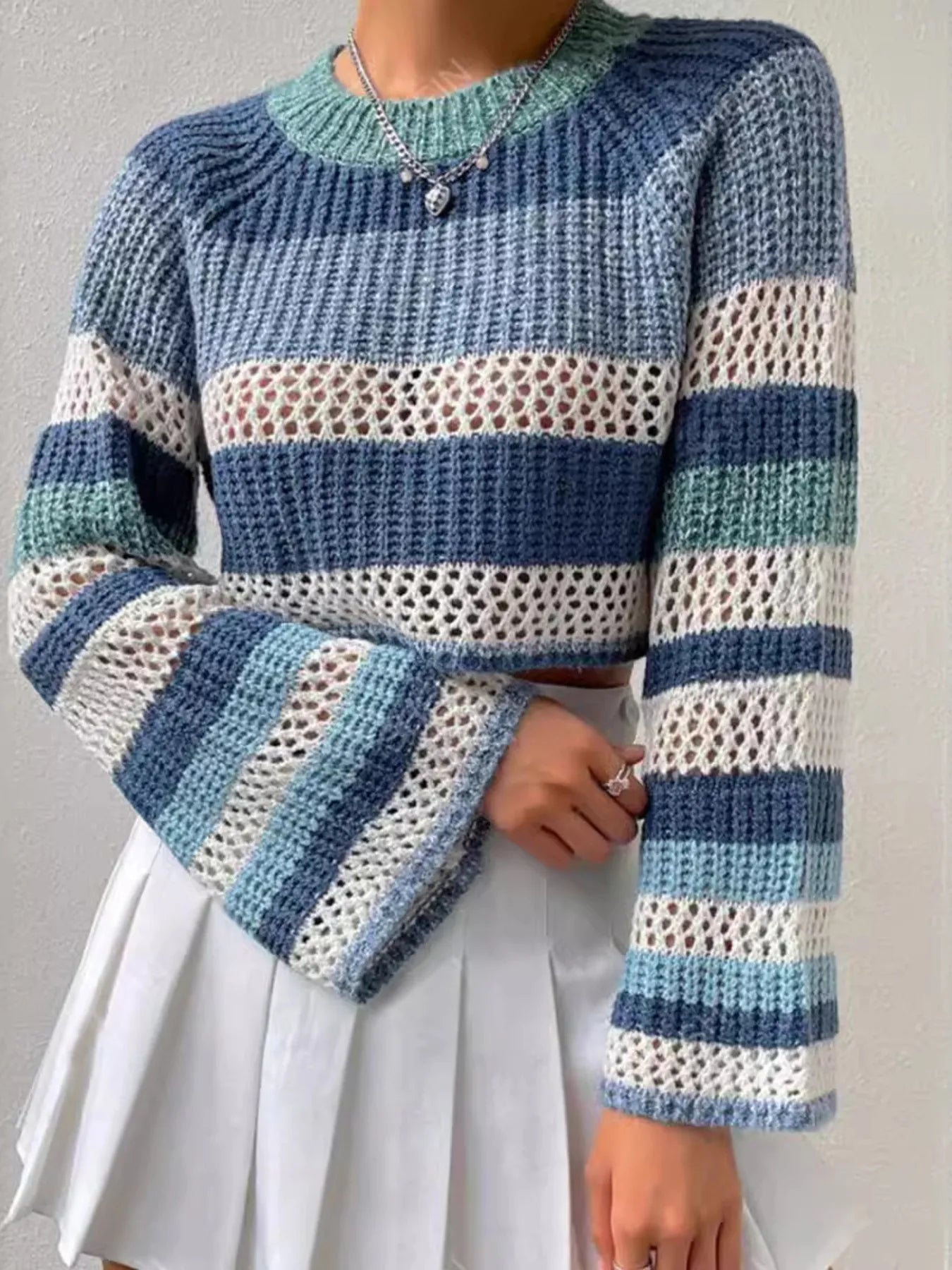 Blue Striped Color Block Crop Sweater