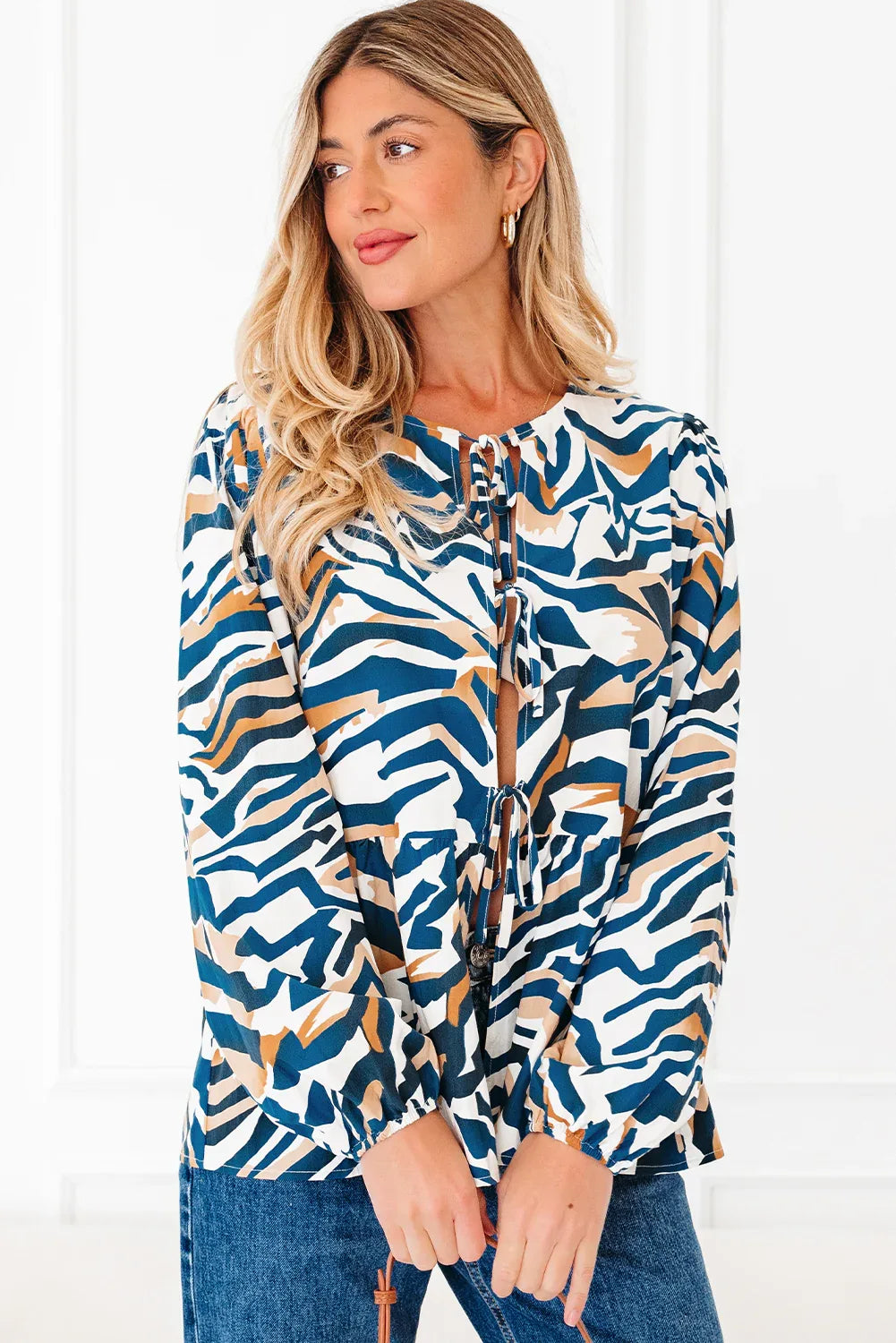 Blue Zebra Print Tied Front Long Puff Sleeve Top