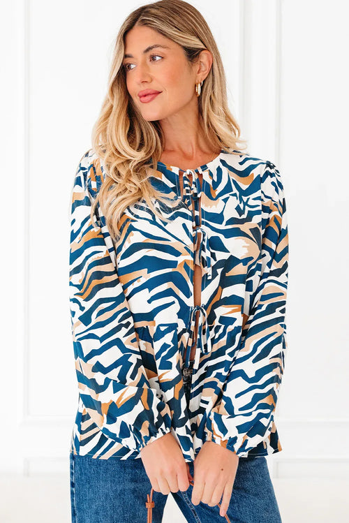 Blue Zebra Print Tied Front Puff Sleeve Top Blue 55%Cotton+45%Viscose Bazaare Mart Tops/Blouses & Shirts