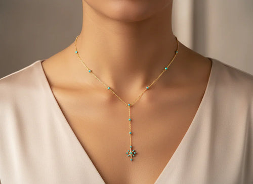 Blue Star Y Necklace Bazaare Mart Blue and Gold Y Necklace