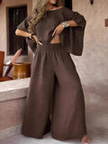 Boat Neck Top and Wide Leg Pants Set Dark Brown Bazaare Mart Wide Top and Pants Solid Color Outfit