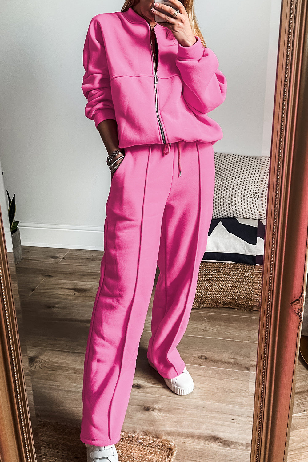 Bold Pink Zip Collarless Jacket Pocketed Pants Set