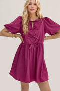 Bow Ruched Puff Sleeve Mini Dress Cerise Bazaare Mart Oh Bow Ruched Puff Sleeve Mini Dress