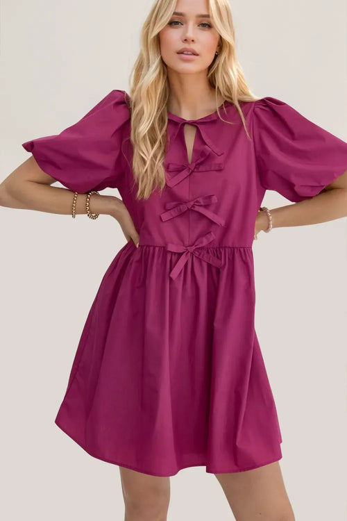 Bow Ruched Puff Sleeve Mini Dress Cerise Bazaare Mart Oh Bow Ruched Puff Sleeve Mini Dress