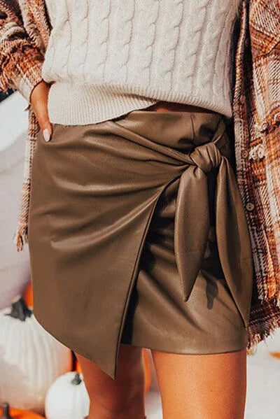 Bowknot Elastic Waist Mini Skirt Brown Bazaare Mart PU Wrap Mini Skirt