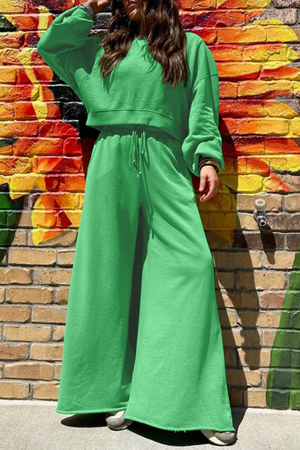 Bright Green Crop Pullover Wide Leg Pants Set