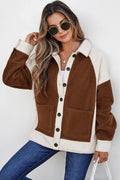 Brown Colorblock Button Down Fleece Shacket Brown 100%Polyester Bazaare Mart Outerwear/Jackets