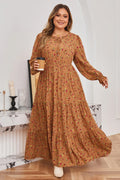 Brown Floral Ruffled Sleeve Tiered Maxi Dress Brown 100%Viscose Bazaare Mart Plus Size/Plus Size Dresses/Plus Size Maxi Dresses