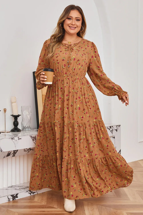 Brown Floral Ruffled Sleeve Tiered Maxi Dress Brown 100%Viscose Bazaare Mart Plus Size/Plus Size Dresses/Plus Size Maxi Dresses