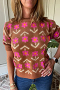 Brown Floral Short Sleeve Sweater Brown 52%Viscose+26%Polyester+22%Polyamide Shewin Short Sleeve Sweater