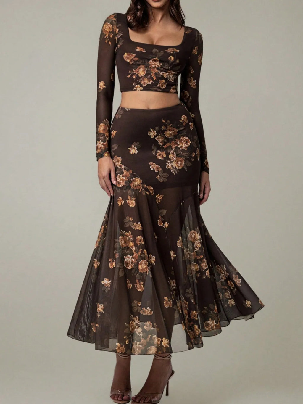 Sheer Dark Brown Floral Long Sleeve Square Neck Top and Maxi Skirt Set
