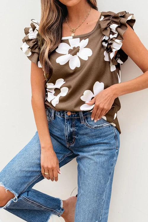 Brown Floral Textured Ruffled Cap Sleeve Blouse Taupe Bazaare Mart Brown Flower Top