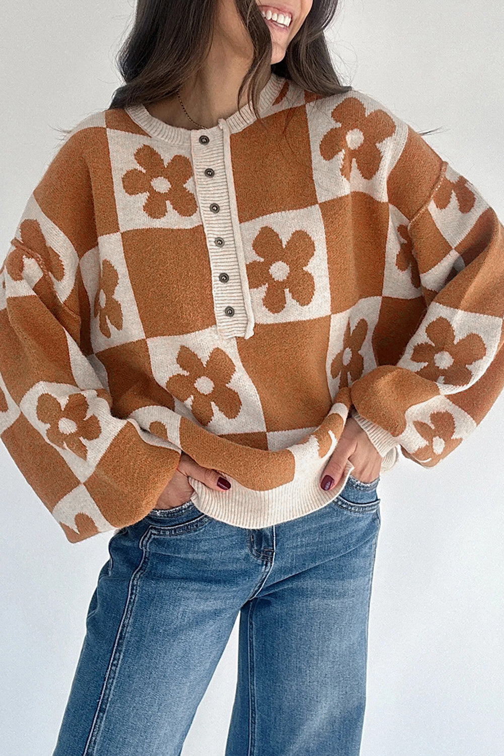 brown and beige floral-patterned Half Button with long puff sleeves sweater 