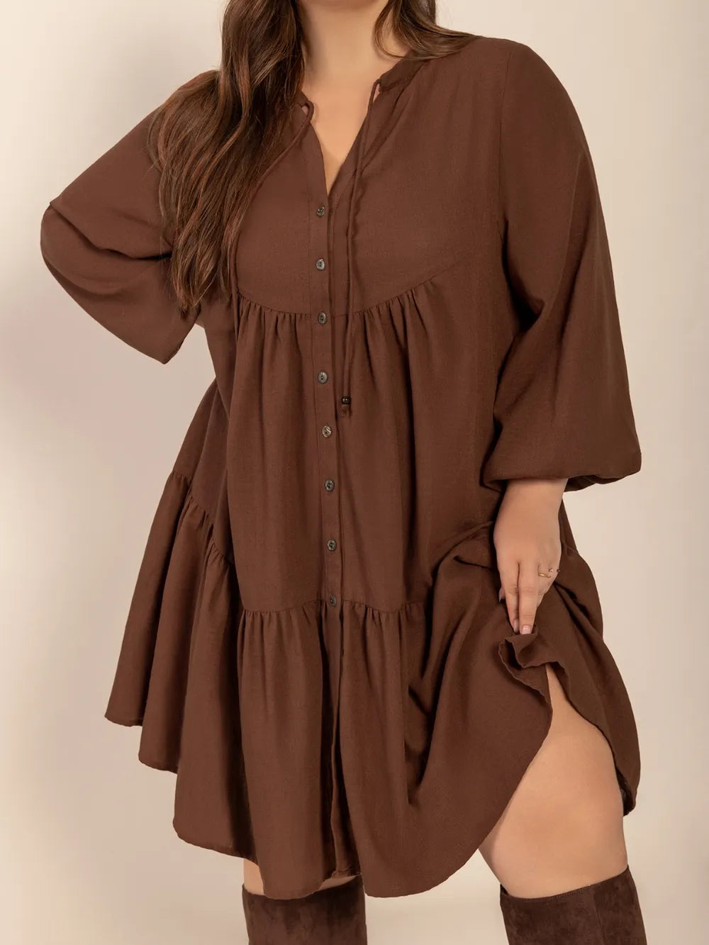 Brown Button Up Long Balloon Sleeve Tiered Shirt Dress