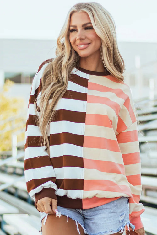 Brown Stripe Color Block Drop Shoulder Pullover Sweatshirt Brown Stripe 95%Cotton+5%Elastane Bazaare Mart Tops/Sweatshirts & Hoodies