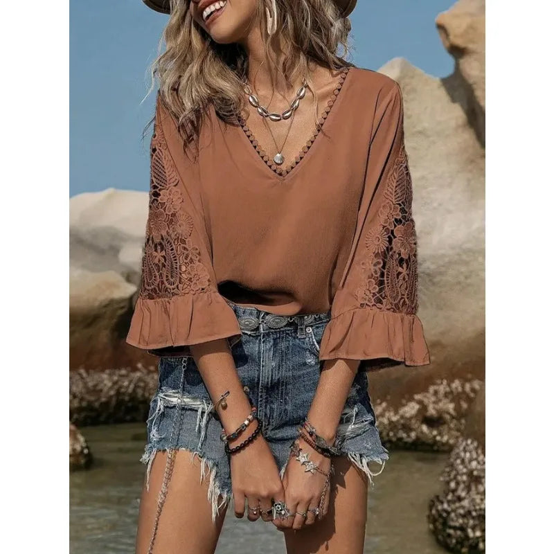 Brown V-neck 3/4 Lace Ruffle Sleeve Blouse