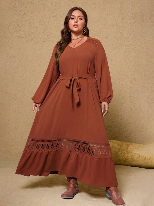Brown V-neck Long Puff Sleeve Hollow Lace Sash Tie Maxi Dress Brown Bazaare Mart Long Sleeve Sash Tie Maxi Dress