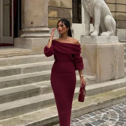 Burgundy Off-Shoulder Skirt Set