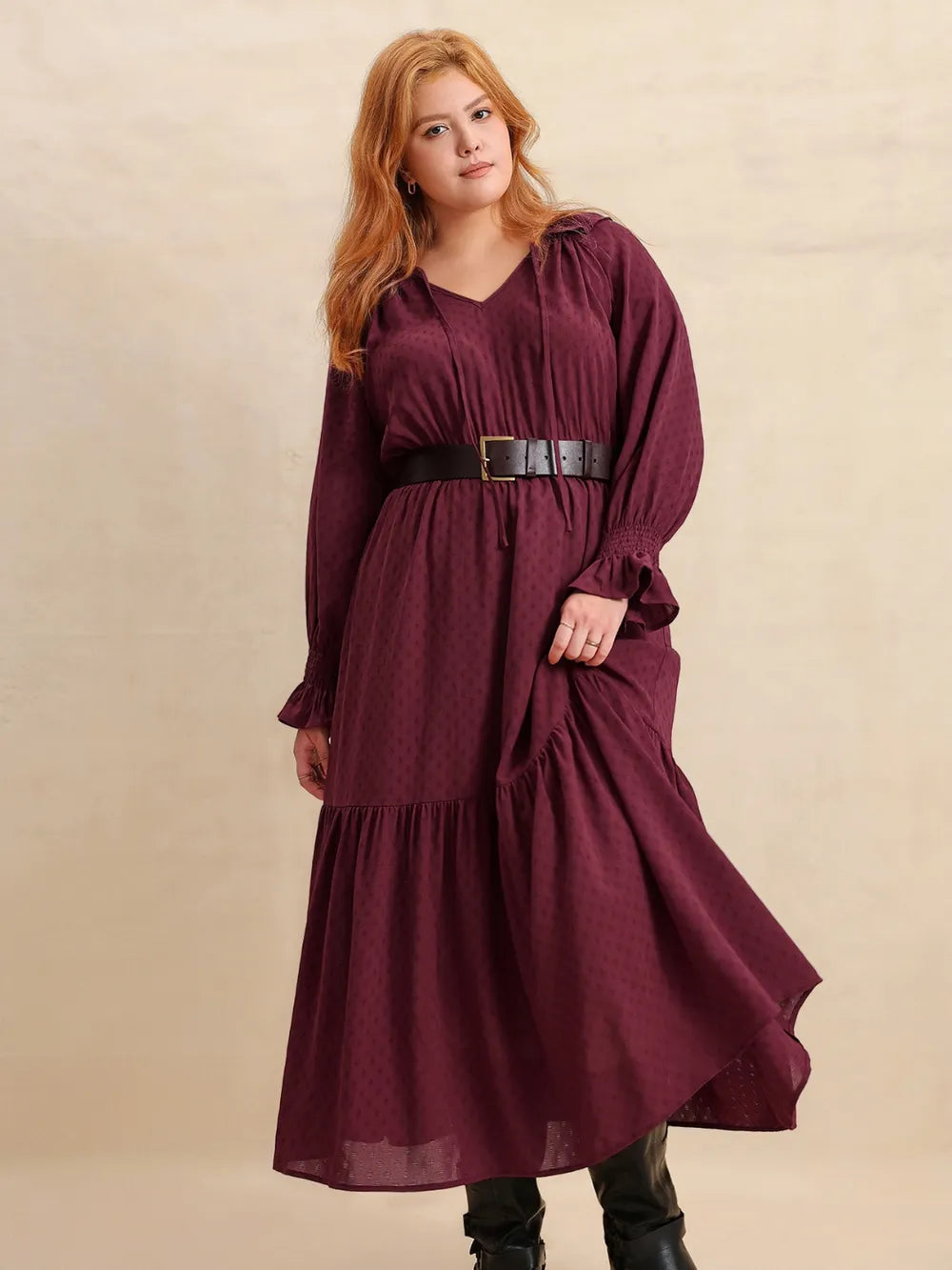 Burgundy Swiss Dot V-Neck Long Sleeve Maxi Dress