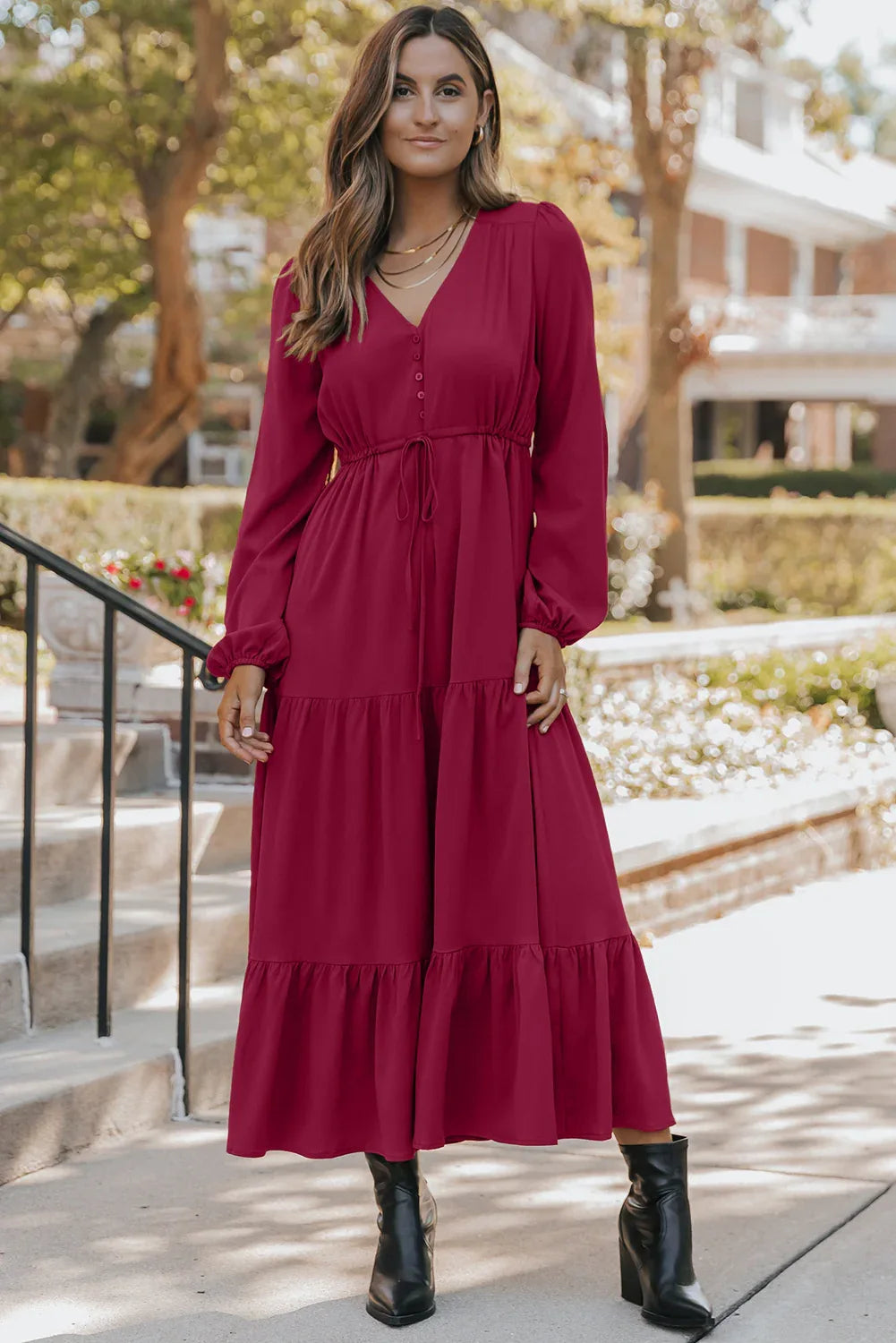 Burgundy Tiered Long Sleeve V Neck Maxi Dress Bazaarre Mart Dresses/Maxi Dresses