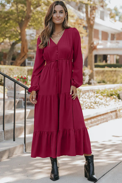 Burgundy Tiered Long Sleeve V Neck Maxi Dress Bazaarre Mart Dresses/Maxi Dresses
