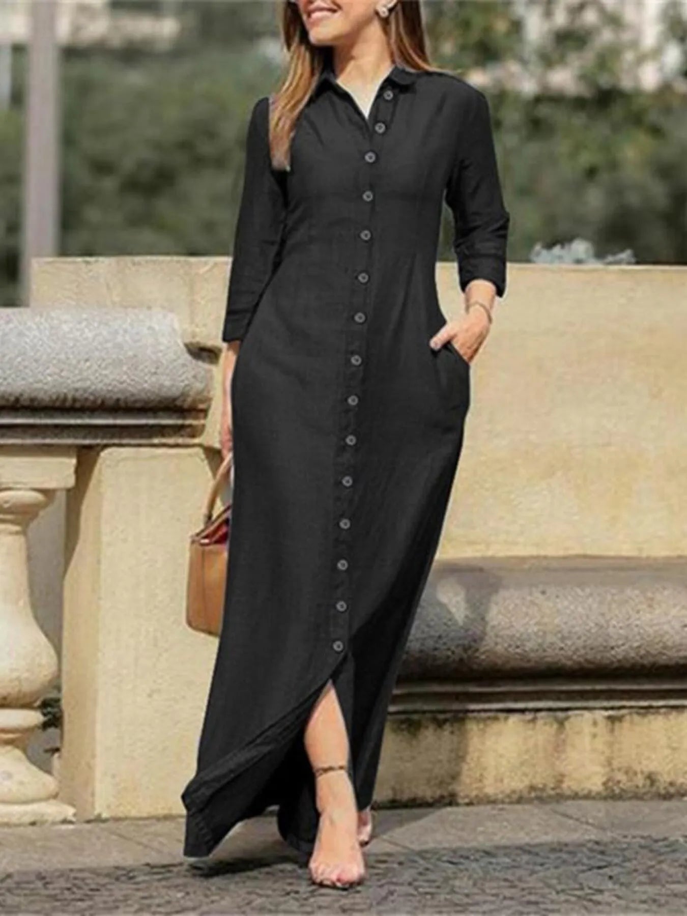 Black Button-Down Maxi Denim Maxi Dress 