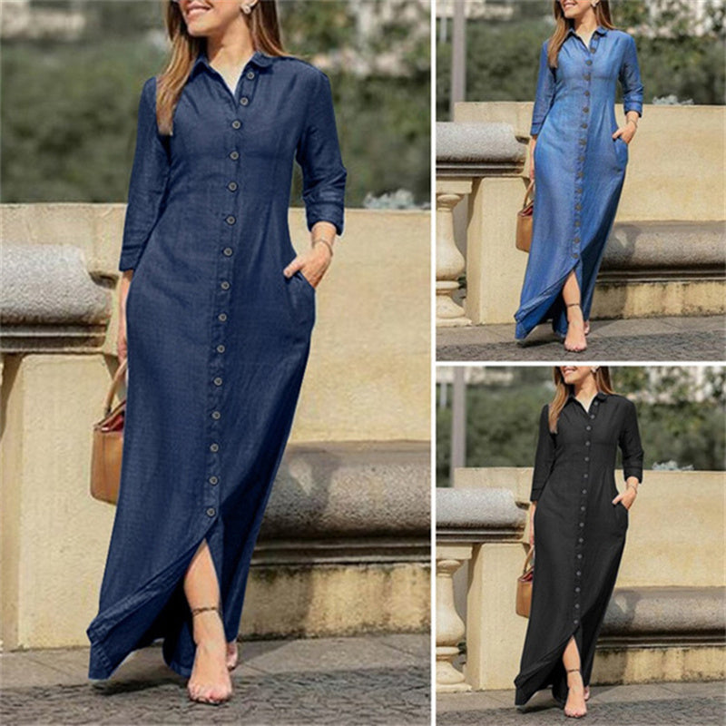 3 Shades of Button Down Denim Maxi Dresses with Pockets