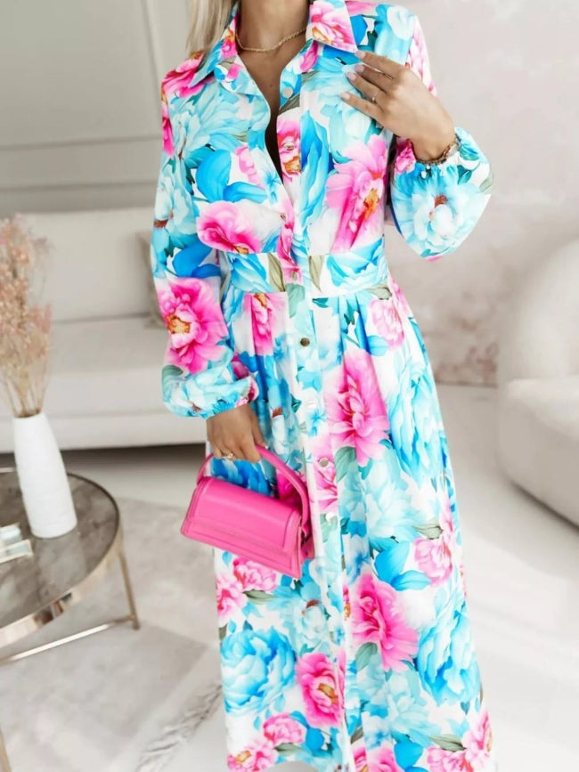 Blue & Pink Button Front Maxi Shirt Dress