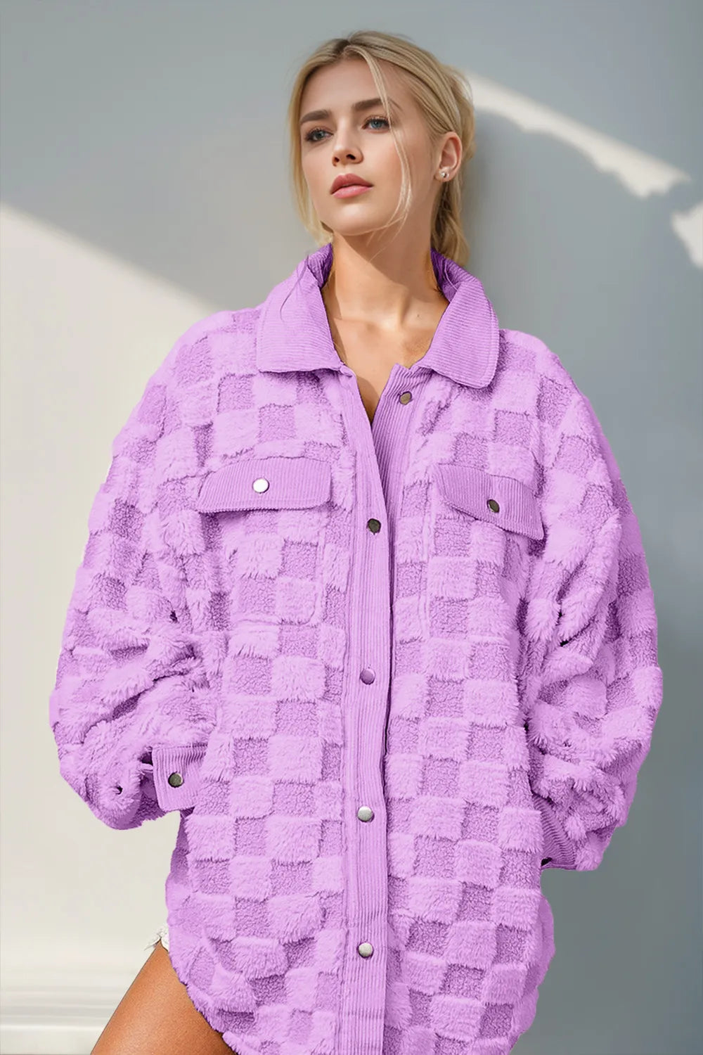 Purple Button Up Fuzzy Checkered Shacket