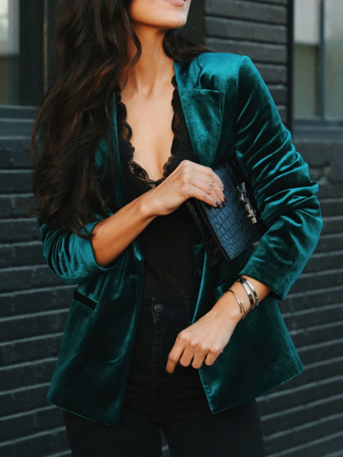 Velvet Button Up Lapel Collar Blazer