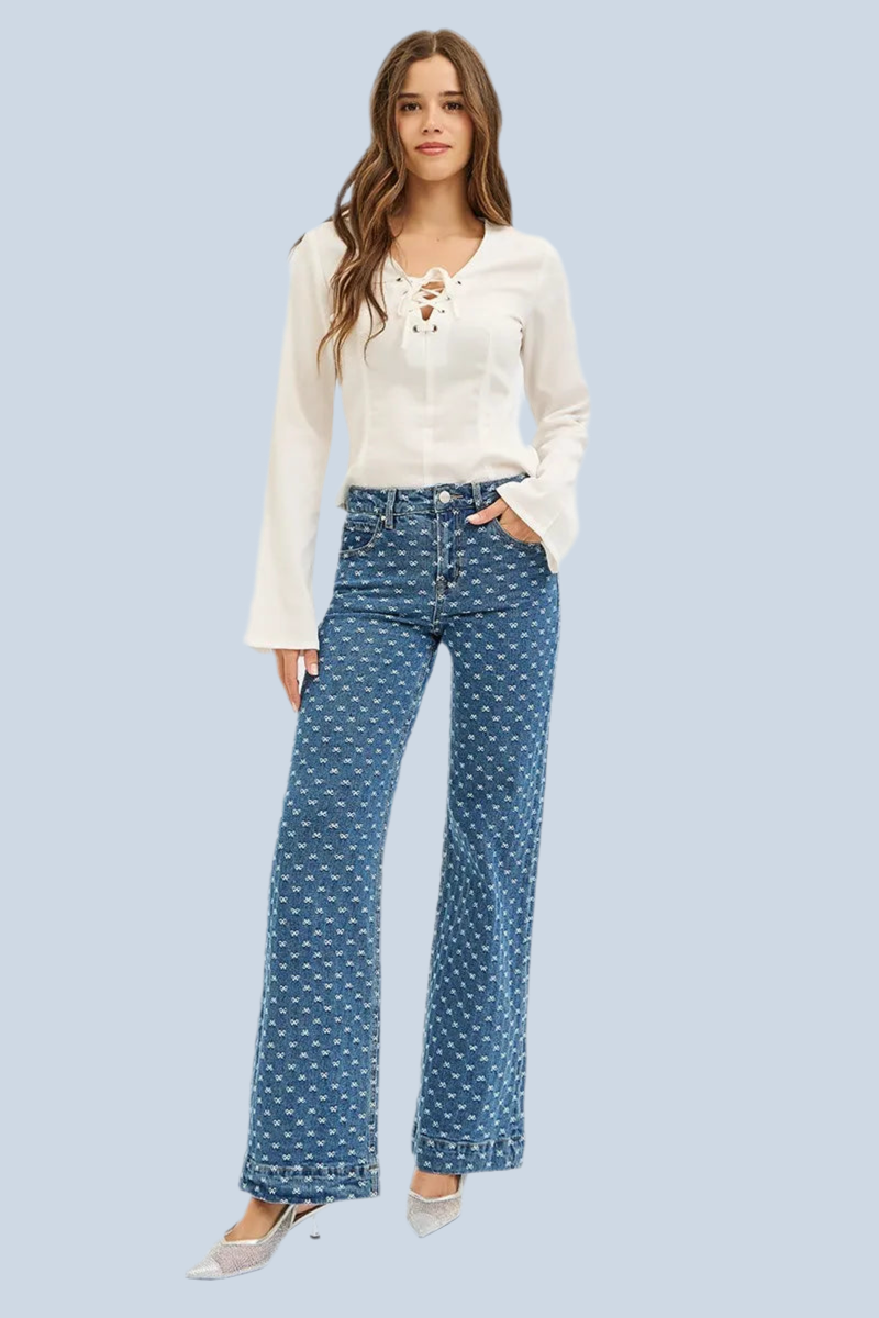 RISEN High Rise Wide Leg Bow Embroidered Jeans