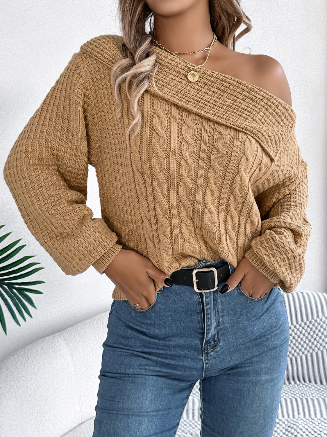 Cable-Knit Off Shoulder Long Sleeve Sweater