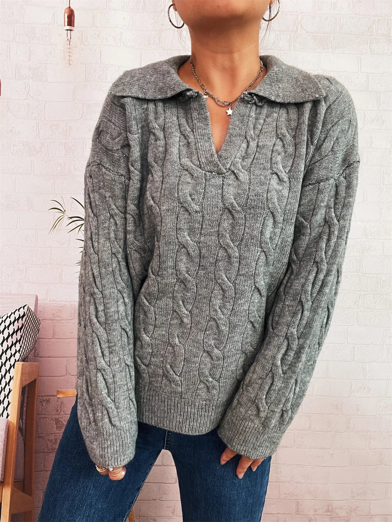 Grey Cable Knit Johnny Collar Sweater