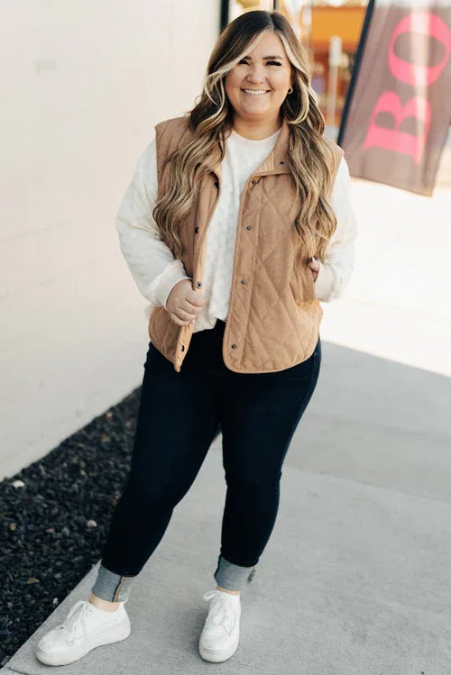Camel Plus Size Quilted Vest Bazaarre Mart Plus Size/Plus Size Outerwear
