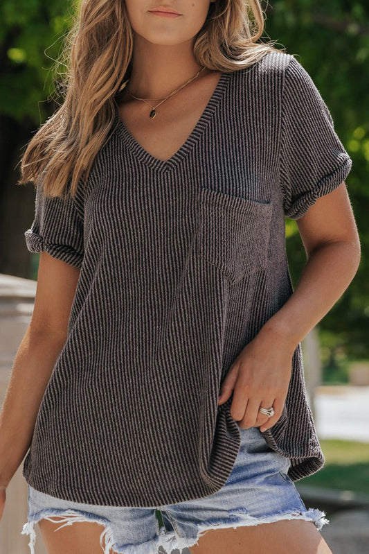 Carbon Grey Short Sleeve Corded V Neck Top