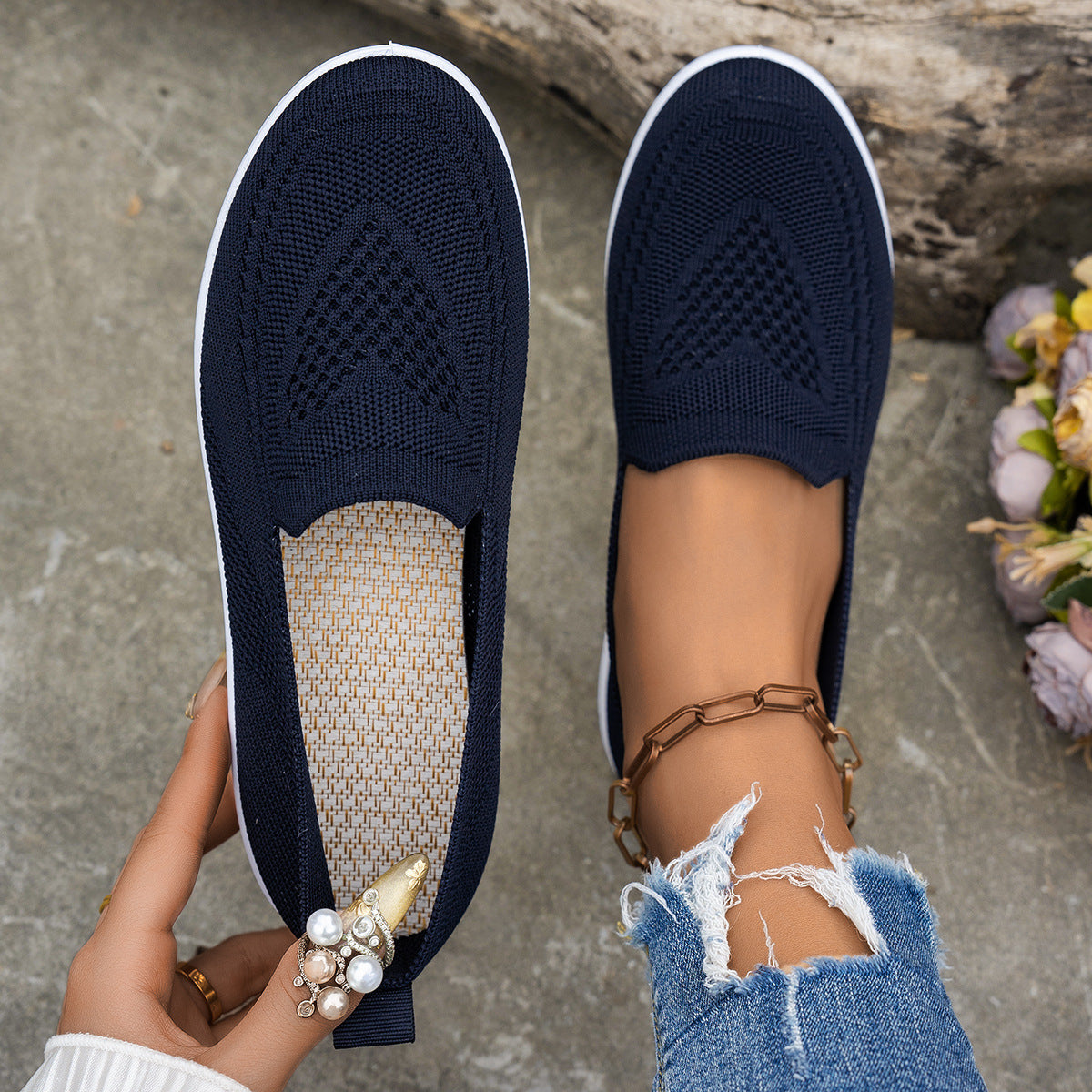  Casual Navy Flat Mesh Heart Design Shoes