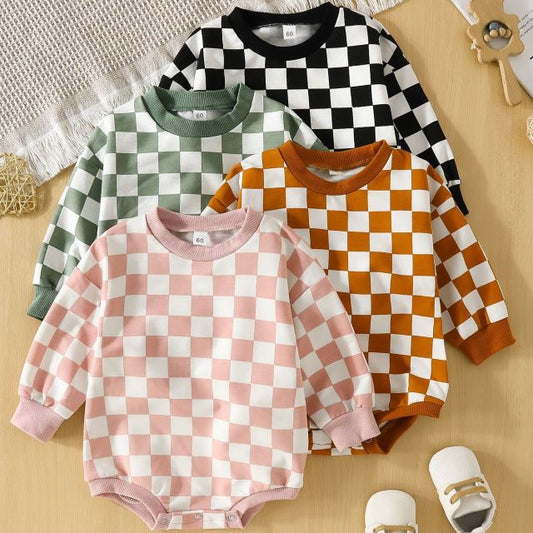 Pink & White, Green & White, B&W, Orange & White Checkerboard Pullover Onesie Sweaters 