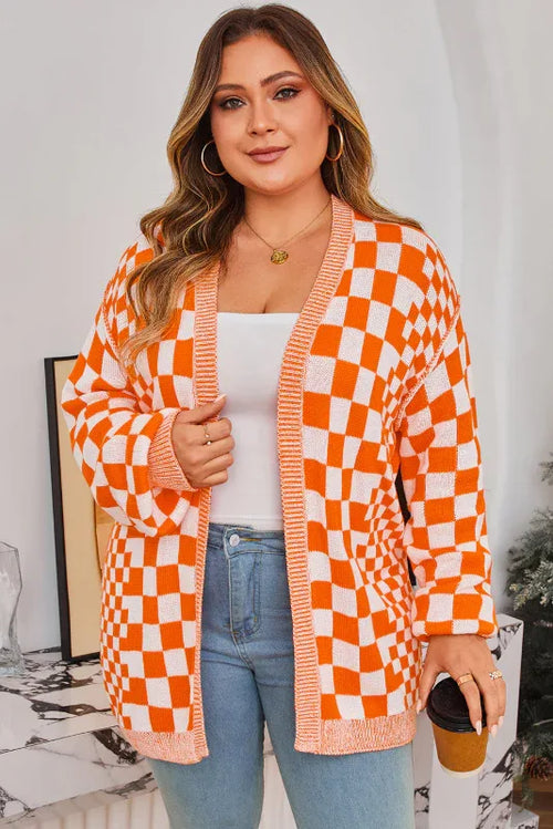 Checkered Bubble Sleeve Drop Shoulder Open Cardigan Orange 55%Acrylic+45%Cotton bazaare mart Plus Size/Plus Size Sweaters & Cardigans