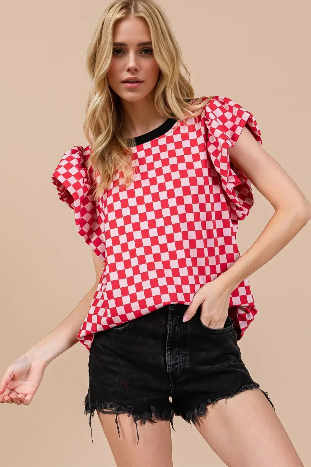 Oh Checkered Round Neck Flutter Sleeve Blouse Red Bazaare Mart Oh Checkered Round Neck Puff Sleeve Blouse
