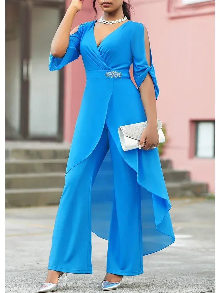 Chiffon Cold Shoulder V-Neck Wrap Top and Pants Set Bazaare Mart 2 pc. Pants Outfit