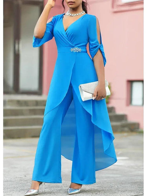 Chiffon Cold Shoulder V-Neck Wrap Top and Pants Set Bazaare Mart 2 pc. Pants Outfit