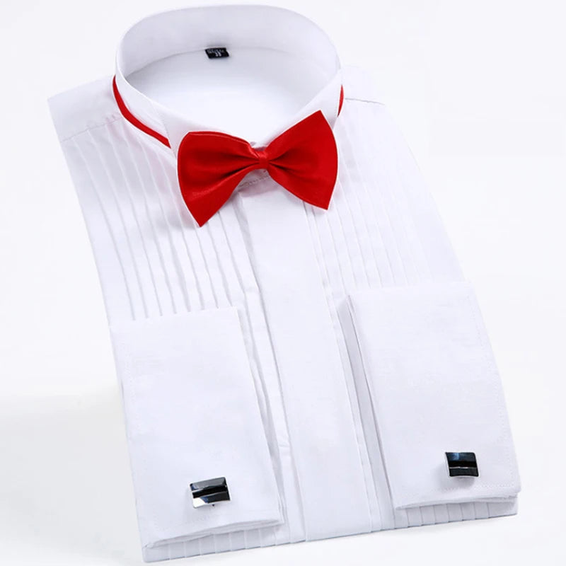 White Classic Winged Collar French Cuff Dress Shirt with Cufflinks