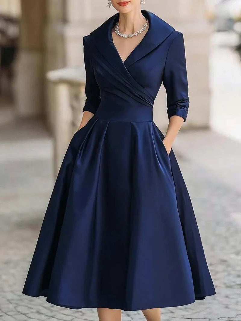 Classy Classic Lapel Cross Pleated Waist A-shaped Midi Dress Navy Blue Bazaare Mart Classic Midi Dress