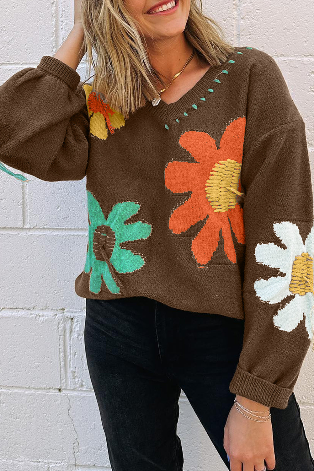 Coffee Big Flower V Neck Drop Shoulder Distressed Sweater
