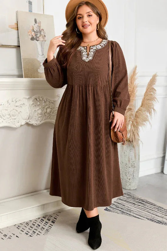Coffee Embroidered Notched Neck Textured Midi Dress Coffee 100%Polyester Bazaare Mart Plus Size/Plus Size Dresses/Plus Size Midi Dresses