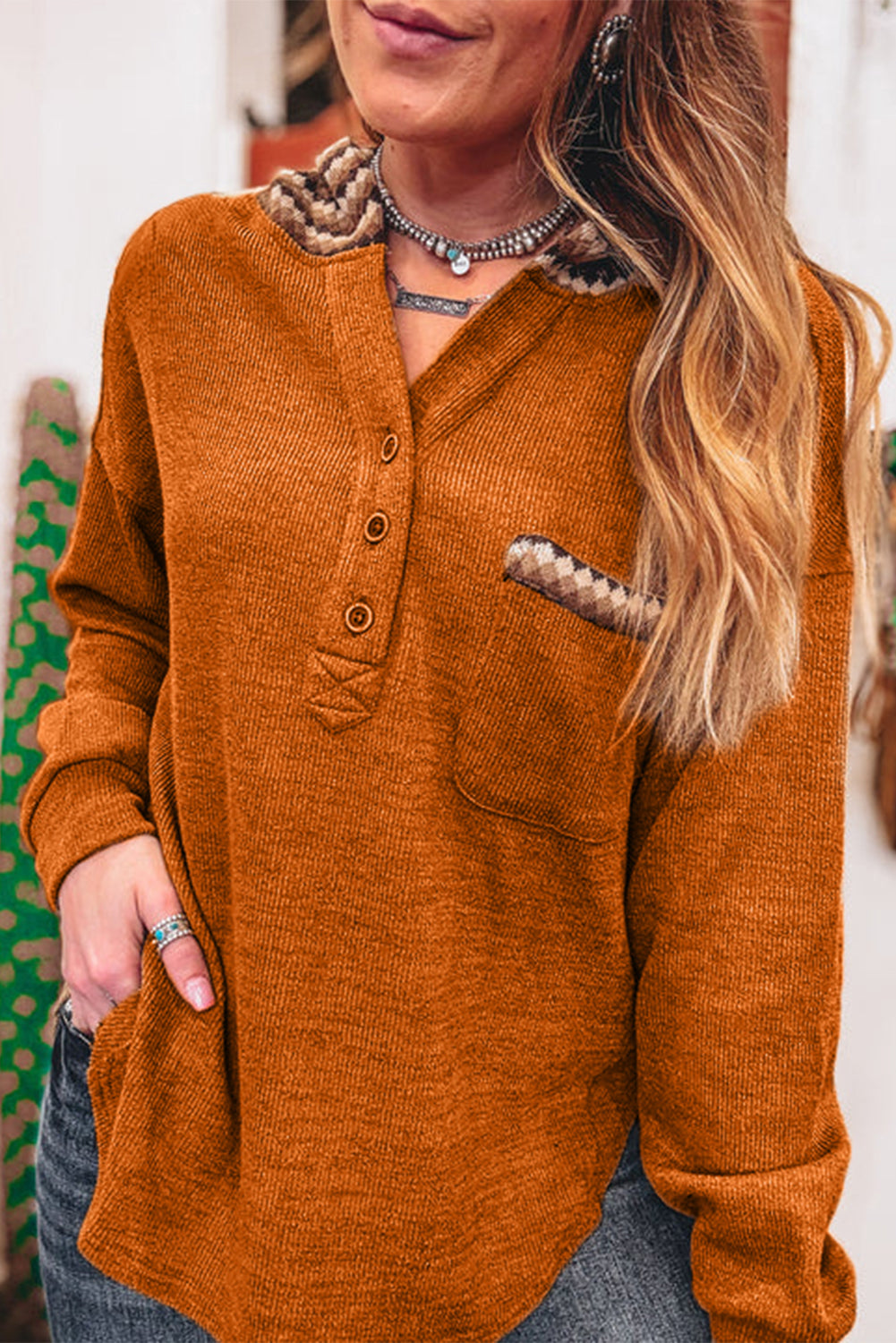 Orange Colorblock Plaid Hooded Henley