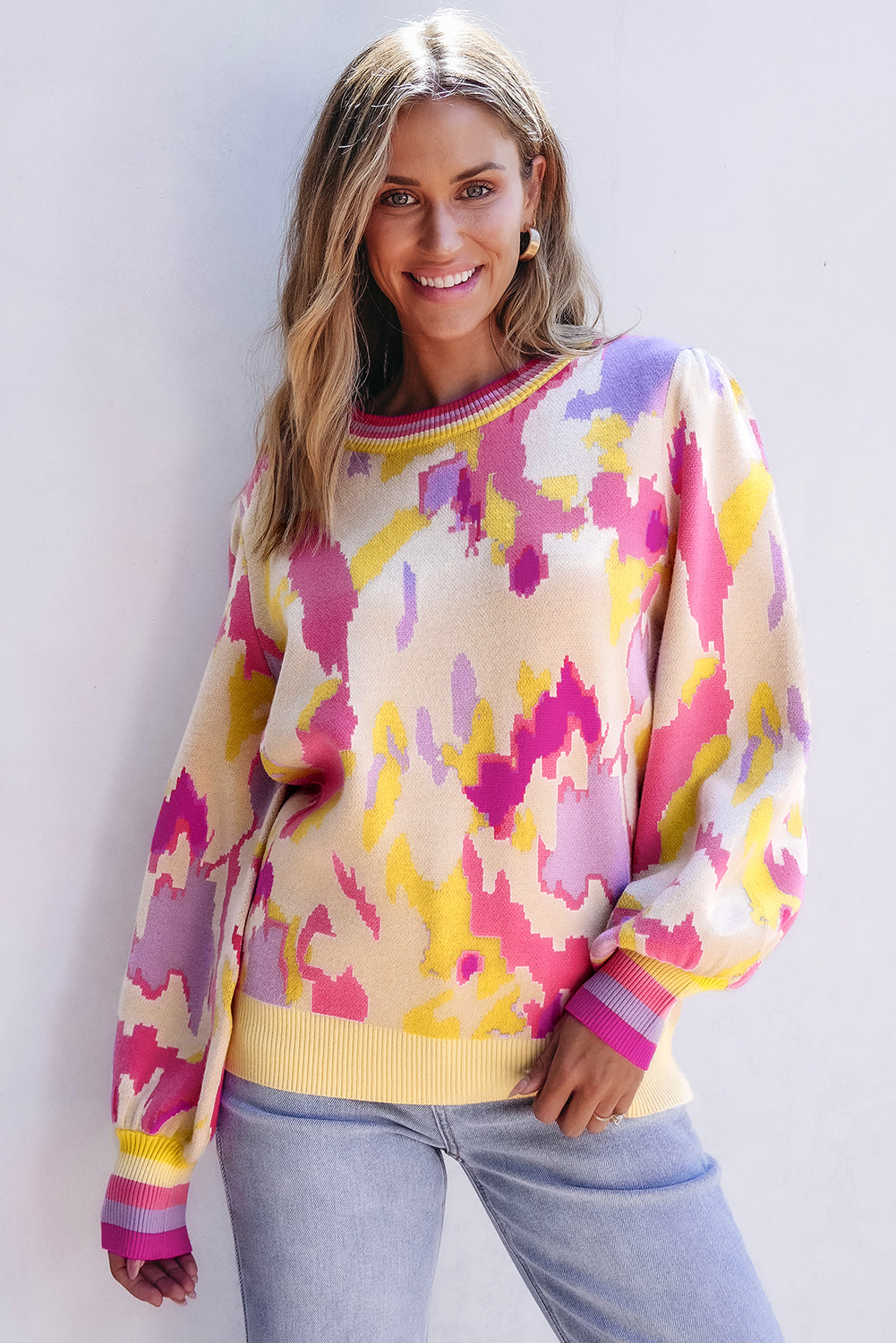 Colorful Abstract Balloon Sleeve Sweater
