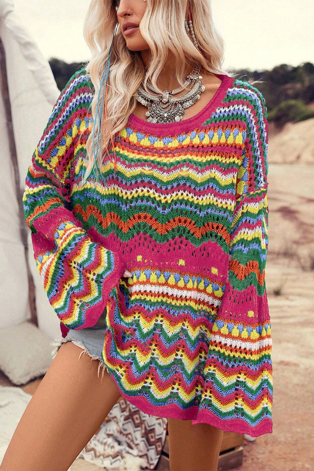 Colorful Striped Hollowed Knit Loose Sleeve Sweater