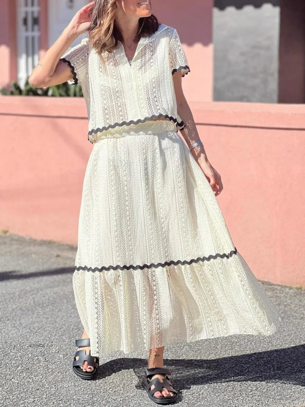 Contrast Rick Rack Trim Short Sleeve Collared V-Neck Top and Maxi Skirt Set